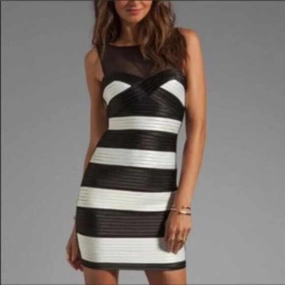 BCBG Maxazria Mara Black White Stripe Mesh Bandage Cocktail Party Dress Sz 8 EUC - Picture 8 of 10
